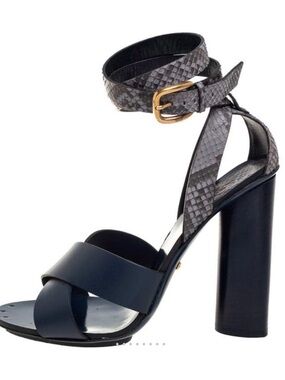 GUCCI platform sandals, Navy blue with snake skin ankle straps, Size 39